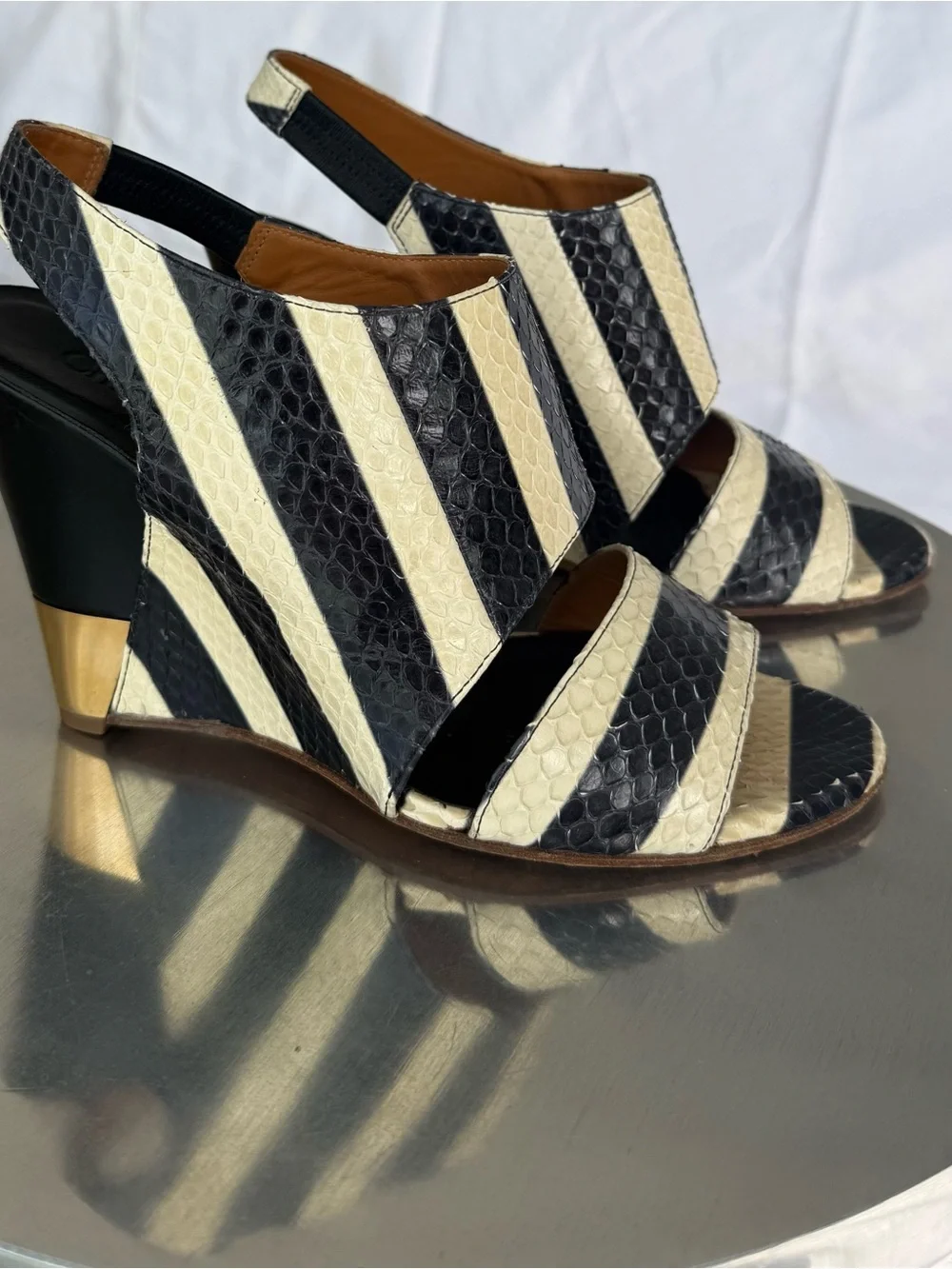Chloe Black and Cream Striped Slingback Heels - Picture 2 of 5